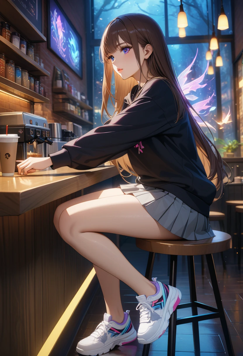 masterpiece,best quality,1girl,solo,pensive look,brown hair,long hair,straight hair,black sweatshirt, gray miniskirt, pleated skirt,white sneakers,perfect body,dynamic pose,coffee shop,break glowing,dramatic lighting,vivid colors,vibrant colors,detailed face,beautiful eyes,beautiful lips,luminous skin,fantasy,digital painting,intricate details,cinematic composition,highly detailed character,ethereal,mysterious,intricate details,ethereal atmosphere,cinematic composition,