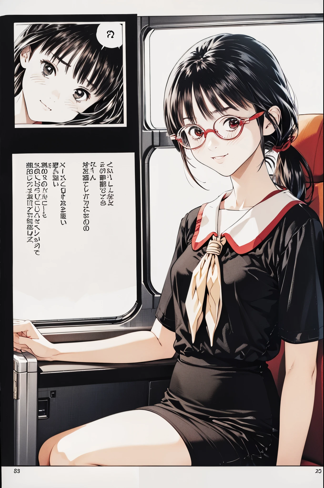 (8k、top-quality、masterpiece:1.2)、(Realistic、 ultra-detailed、 ultra high resolution、 1 girl, pretty girl, beautiful and elaborate face , perfect body,(( black hair、 ponytail )),((Daytime)),narrow、( Slim Waist :1.3)、Beautiful detailed skin、 skin texture、Floating Hair、((daylight)),(( Office Lady, sitting desk in the back seat of the bus,Wear red glasses,Knee)),,Full face blush,((Daytime))(( Upper Body Shots ))、Embarrassed、smile、Shy、