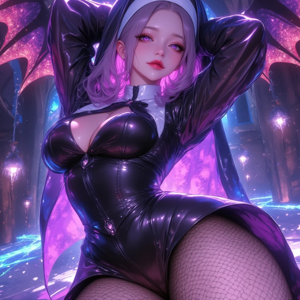 (masterpiece), best quality, expressive eyes, perfect face, (city at night with neon lights background), (standing), (smirk), (cleavage view), (1girl, age 18+, sofia vergara, Latina, dark skin, tanned skin, white hair, white hair, white hair, short hair with bangs, bob hairstyle, hazel eyes, hourglass figure, thin body, skinny body, petite_body, large breasts, huge breasts, oppai, large cleavage, wide hips, thick thighs), (rouge_the_bat_cosplay, pink_bandeau_top, cameltoe, black devil wings, black devil wings, black devil wings),