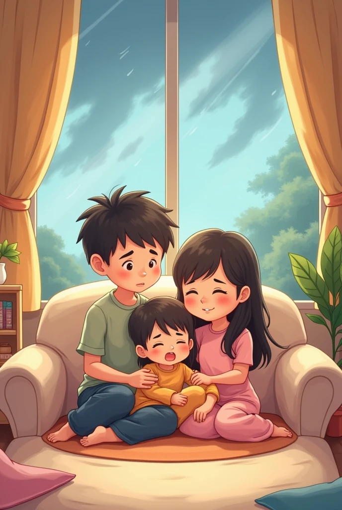 A happy family of three,closeup, Continuous shots, cinematic immersion, storytelling, a home full of love and warmth. A father sitting on the sofa holding a six-year-old boy, Mom looked at us gently, and the air was filled with a sense of happiness. Children's picture book, ??? story, high salvation color,