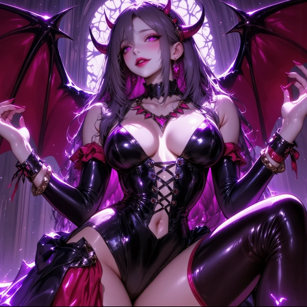 1girl,black sclera, cleavage, eyelashes, looking at viewer, glowing purple eyes, solo, (((shiny pale white skin))) , big breasts,,very pale skin, evil grin, succubus, long bare legs, beautiful detailed face, glowing purple womb tattoo, horns, sexy pose, candles, sitting on leather couch, devil tail, black shiny open kimono, bare shoulders, cleavage, very long raven black hair, blushing, wide hips, narrow waist, thick thighs