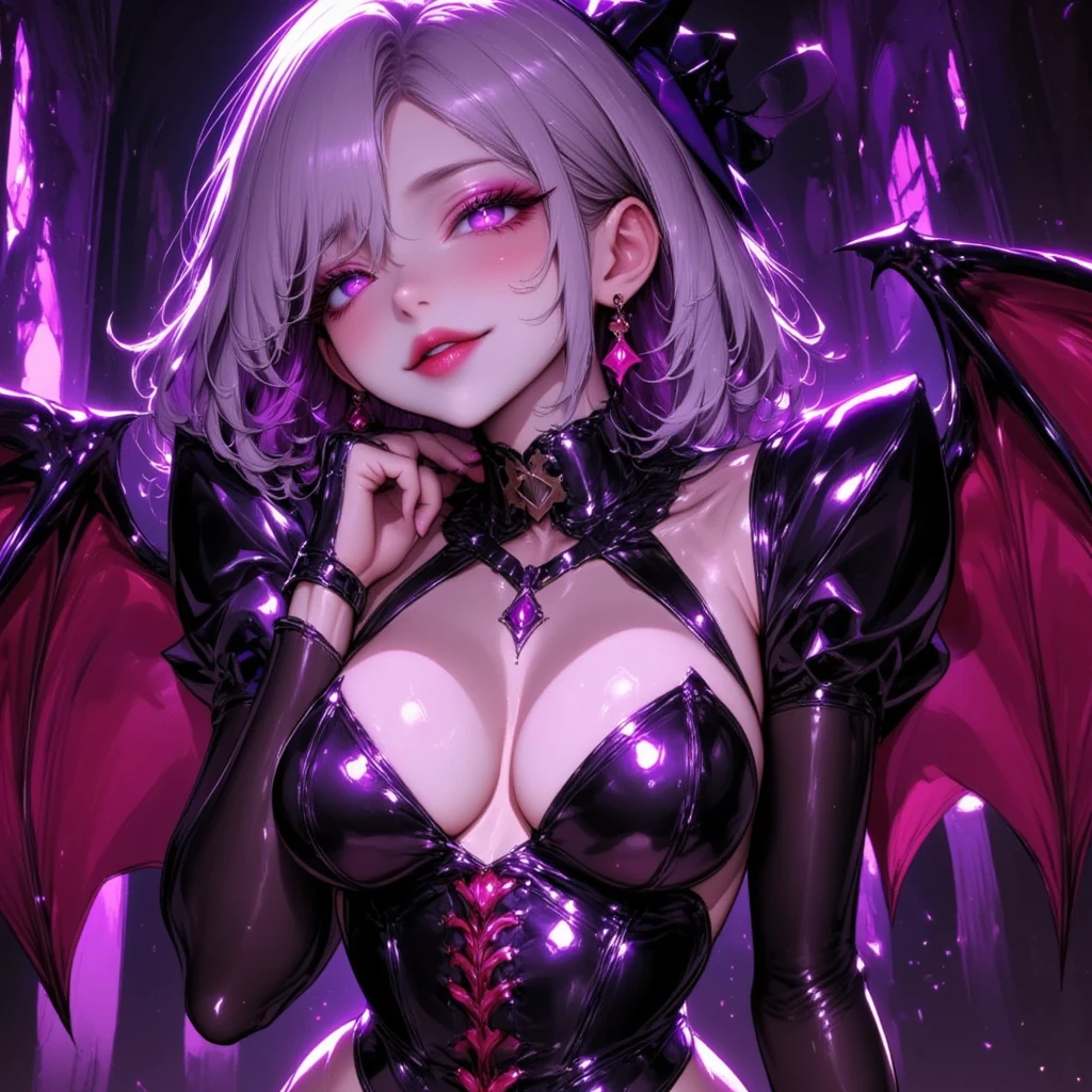 1 mature and seductive woman,( best quality, very detailed depiction, incredibly absurd high definition, Sharp Teeth Like a Beast ,Beautiful legs, Pottery skin ),(Bewitching Succubus:2.3,Queen),(shiny succubus costume, luxury accessories ,earrings,necklace,Bracelet, black tights, high heels,Devil&#39;s Wings),(Glowing purple eyes,Crazy Eyes:2.0, Big Breasts , bewitching smile:2.3,Flashy makeup,Seductive gestures:2.0, half-closed eyes:2.3, has an open mouth), full body image:2.0,High quality anime drawings:2.0