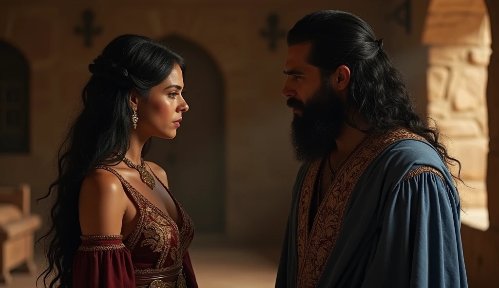 In the quiet of the ancient Hebrew home, Samson stands, his long black hair and beard flowing as he listens intently, his deep blue tunic with golden details gleaming faintly in the soft light. His black eyes are filled with trust, unaware of the betrayal unfolding before him. Delilah, in her deep wine-colored dress with intricate golden embroidery, gold bracelets and earrings, and a brown leather belt with golden accents, gazes at him with feigned innocence. Her long black hair cascades down her back, and her dark eyes are full of intrigue and hidden intent. With sweetness in her voice, she softly asks, "Tell me, Samson, what is the secret of your strength? How could someone possibly overpower you?" The tension between them grows, the flickering light casting shadows that hint at the dangerous path ahead.