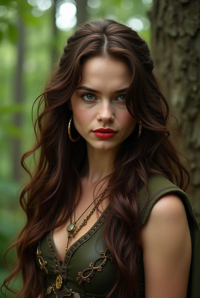 a 25 year old girl, curled hair, long and black, greeneyes, clear skin and diamond face, wearing a medieval black leather outfit with arrogant posture