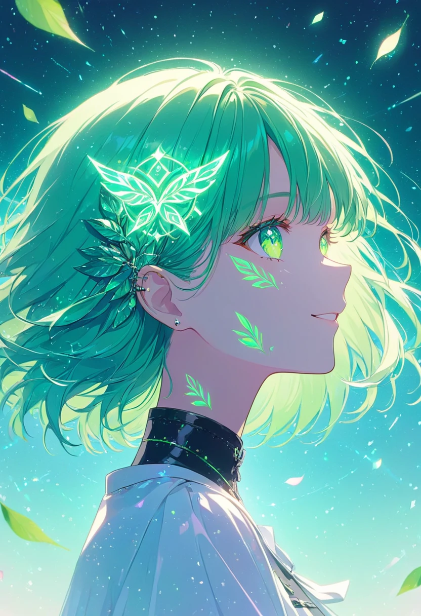   smile ,  WOMAN PROFILE  ,  face close-up  , face tattoo,leaf shape   ,eye,  digital tattoo  ,Shining Rune,  neon color , glitter ,Neon Green,   green base green hair, pastel colors ,  shorthair ,  Barrette Masterpiece   , best quality,Exquisite,8k,  absurd,  Extremely Detailed Illustrations ,(Being watched by the audience)