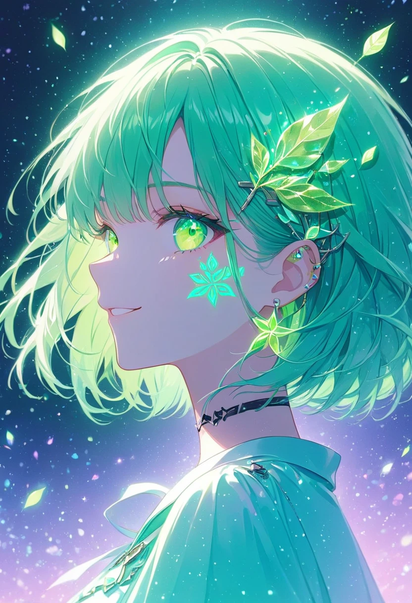   smile ,  WOMAN PROFILE  ,  face close-up  , face tattoo,leaf shape   ,eye,  digital tattoo  ,Shining Rune,  neon color , glitter ,Neon Green,   green base green hair, pastel colors ,  shorthair ,  Barrette Masterpiece   , best quality,Exquisite,8k,  absurd,  Extremely Detailed Illustrations ,(Being watched by the audience)