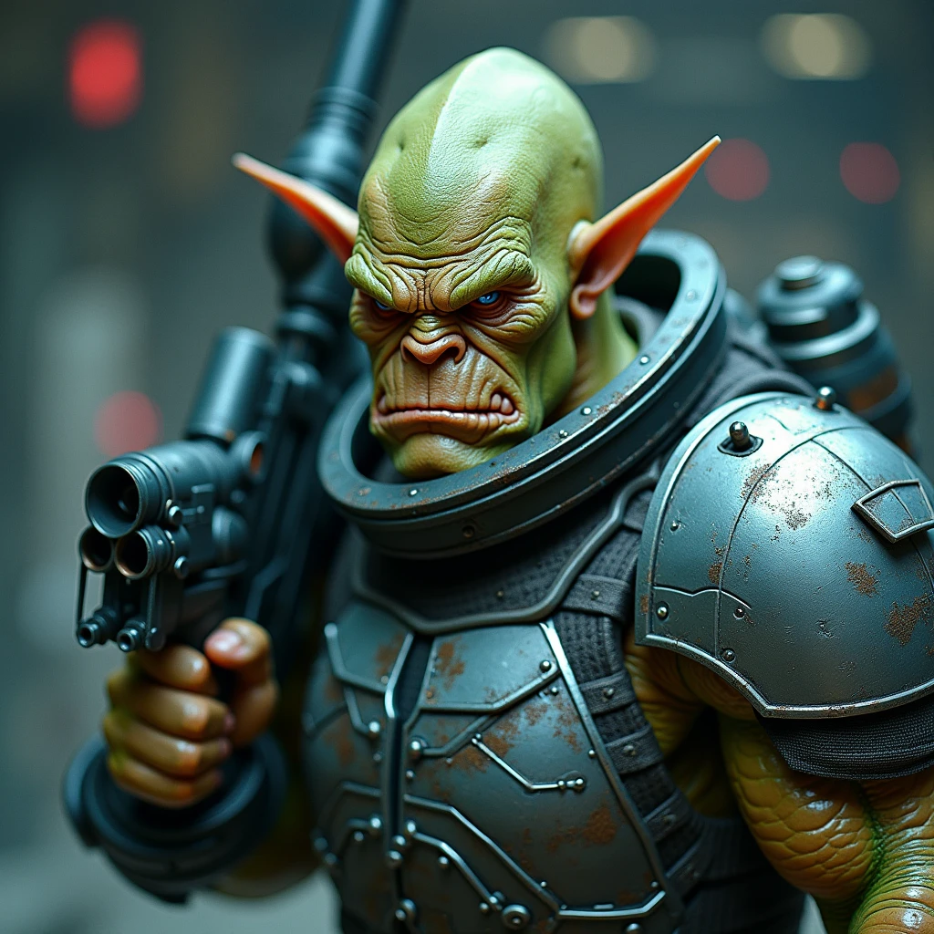 высокий Orc спецназа в тяжелых доспехах,  with a plasma gun on a space liner from the movie “The Fifth Element”, intricate masterpiece , portrait of an Orc, an Orc,  artistic portrait of a space paratrooper ,  stand character , Orc, monitoring, Orc готовит винтовку, space armor , alien space knight,