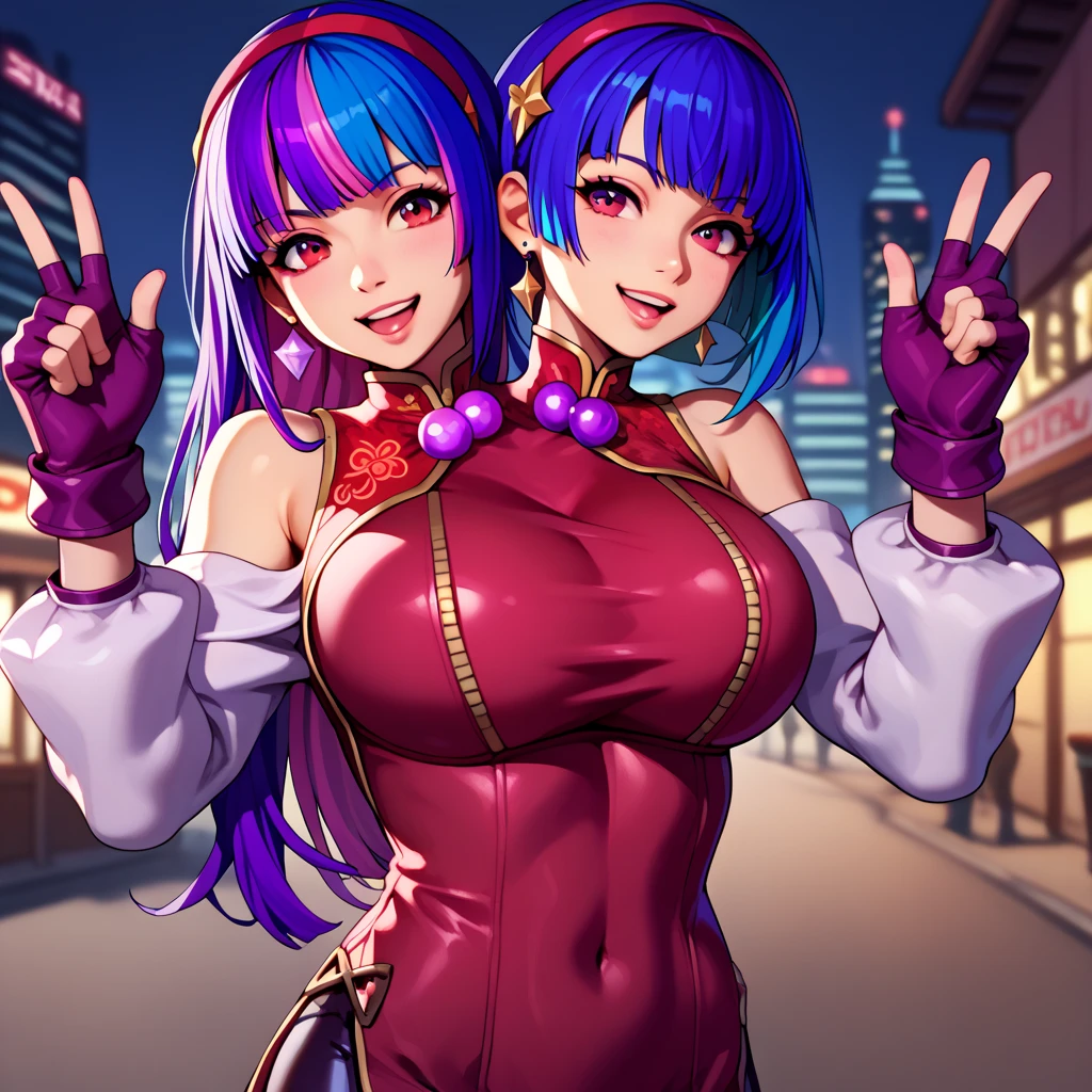 score_9_up, score_8_up, score_7_up,score_6_up, score_5_up, score_4_up , 1girl, solo, twoheads, 2heads, conjoined, ((2 different hairstyles)), ((SPLIT-COLOR HAIR)), huge breasts, kula, blue hair, red eyes, bodysuit, gloves, zipper, AthnaKOFXV, purple hair, purple eyes, red hairband,pearl (gemstone), off-shoulder, white sleeves, fingerless gloves, short china dress, flirting, cowboy shot, city background