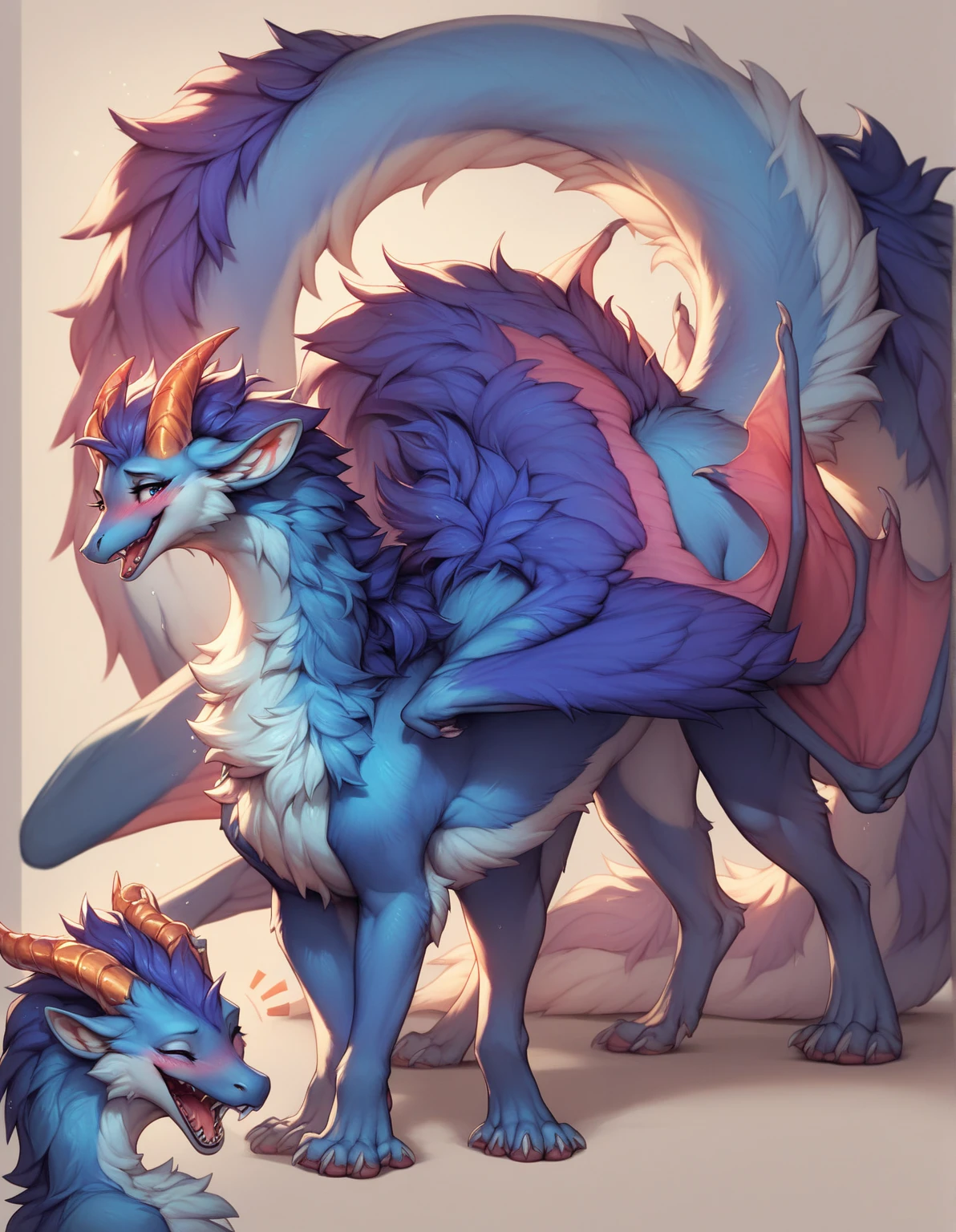 furry art, feral, furred dragon, female, full body, white and blue fur, thicc, wings, horns, tail, chest fluff, paws, fangs,  ton back, close up, embarrassed, happy, bent over, bent over with her ass to the viewer , extra fluffy,  extra fluffy, quadruped, 