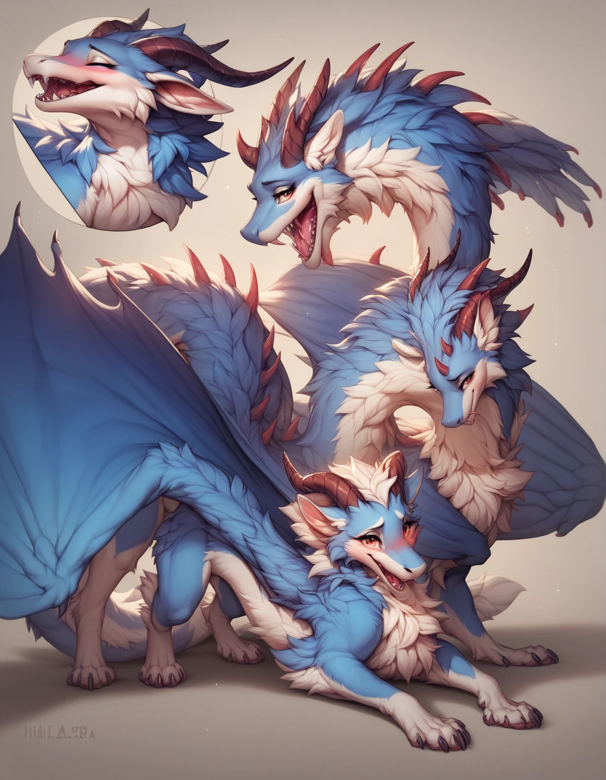 furry art, feral, furred dragon, female, full body, white and blue fur, thicc, wings, horns, tail, chest fluff, paws, fangs,  ton back, close up, embarrassed, happy, bent over, bent over with her ass to the viewer , extra fluffy,  extra fluffy, quadruped, 