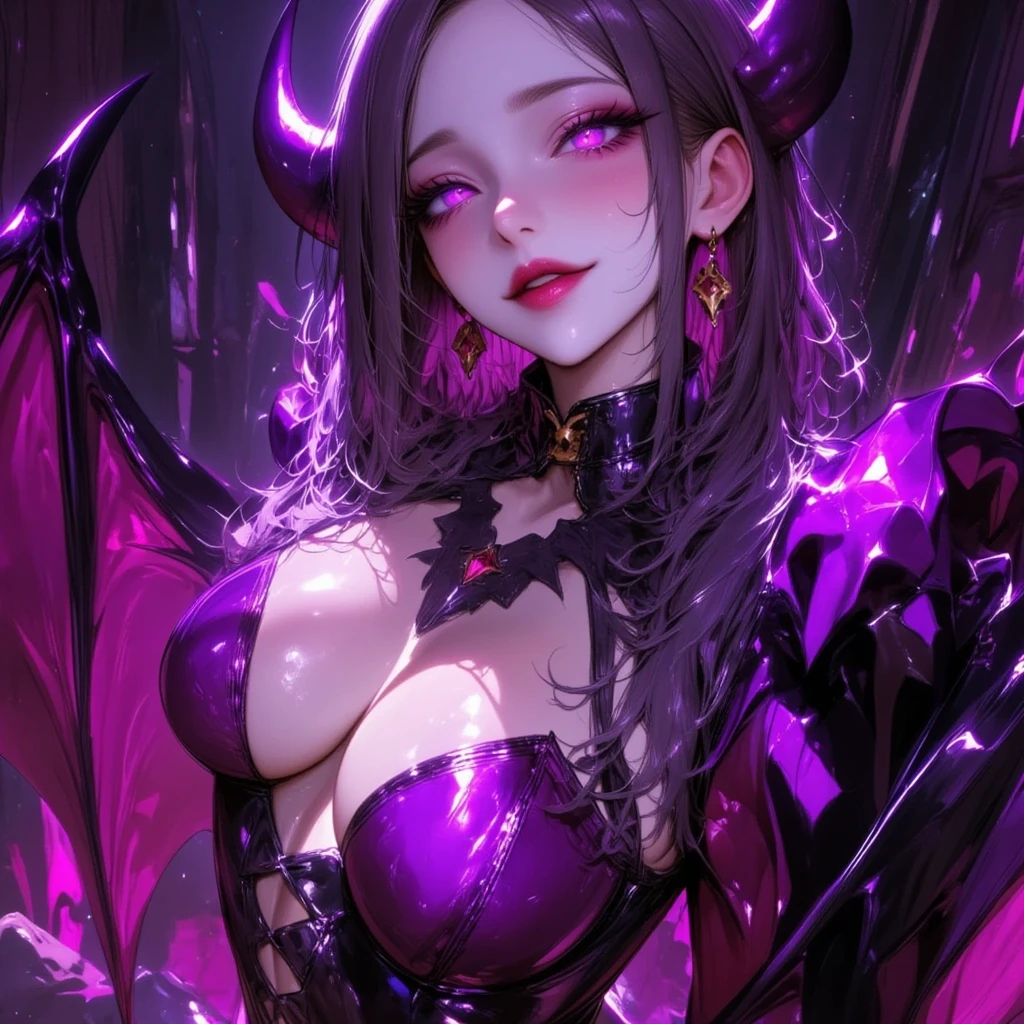 1 mature and seductive woman,( best quality, very detailed depiction, incredibly absurd high definition, Sharp Teeth Like a Beast ,Beautiful legs, Pottery skin ),(Bewitching Succubus:2.3,Queen),(shiny succubus costume, luxury accessories ,earrings,necklace,Bracelet, black tights, high heels,Devil&#39;s Wings),(Glowing purple eyes,Crazy Eyes:2.0, Big Breasts , bewitching smile:2.3,Flashy makeup,Seductive gestures:2.0, half-closed eyes:2.3, has an open mouth),Upper body image:2.0,High quality anime drawings:2.0