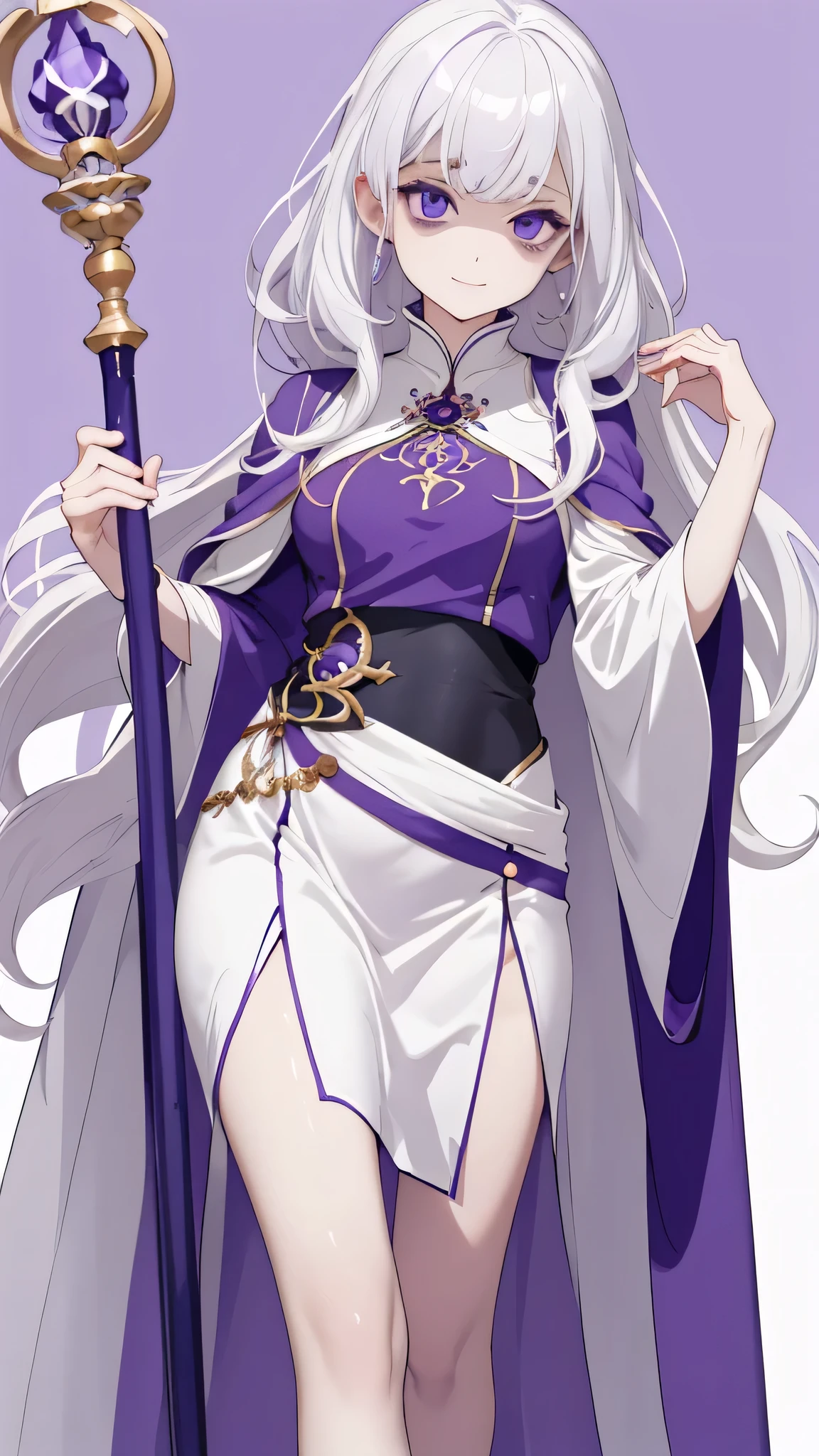 masterpiece,  best quality,((1 woman)),  waist-length unmanicured wavy pure white hair, ( white skin), purple eyes,((( Detailed Eyes ))),Thin eyebrows,purple dress with slit,Mid-length bangs ,pumps,Quarter Staff,((holding staff)),((Solid white background)),(( no background )),fortune teller, Respectful smile , side composition,purple cloak ,