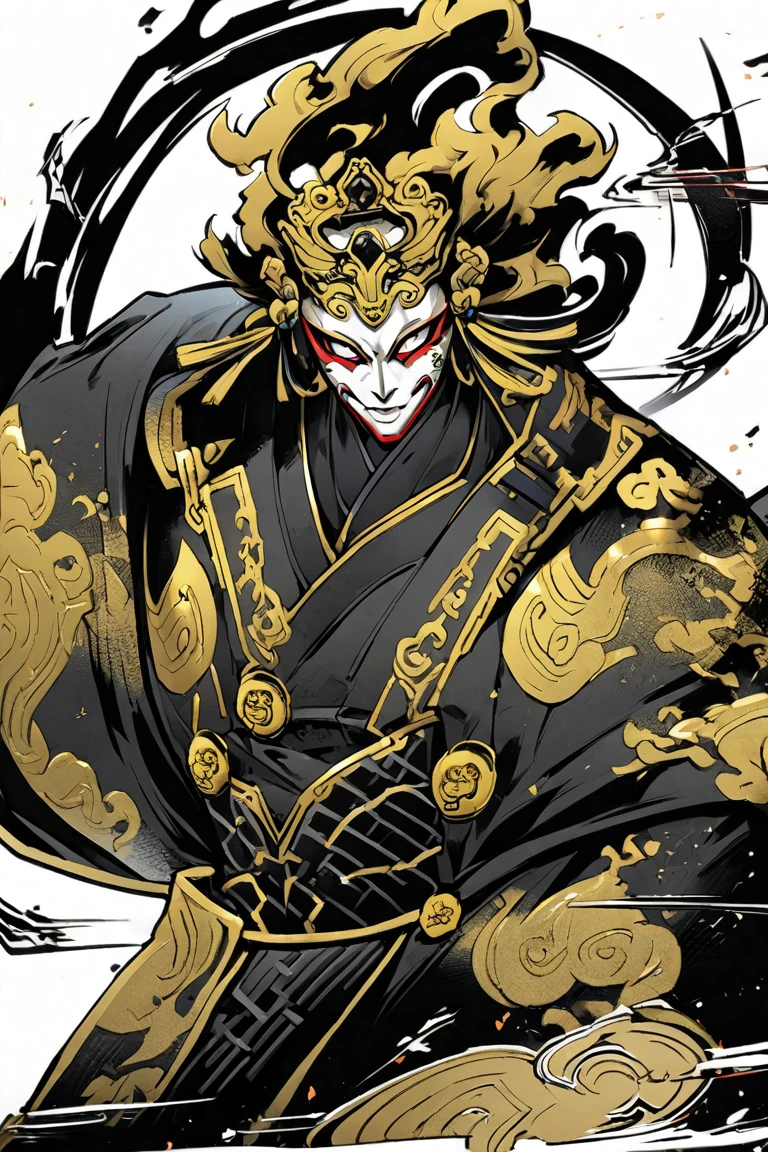 Nichimanga style, oni face, zen zen, a man with a devil mask, unruly expression, delicate face, wearing a kimono, surrounded by angels, with lightning on his body and a divine dragon behind his back