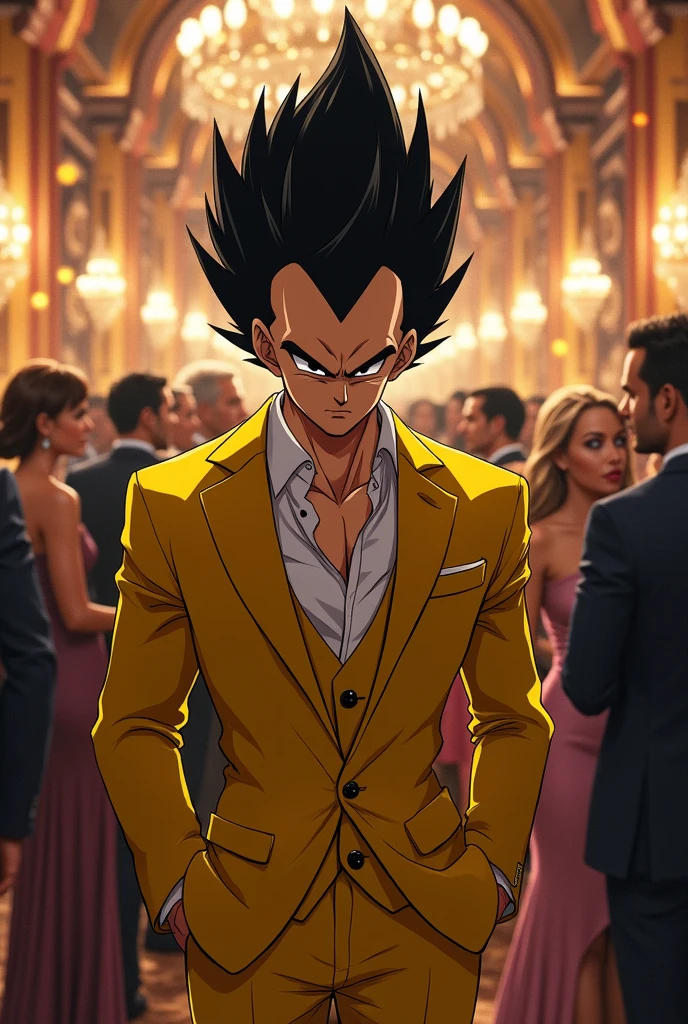 Vegeta is spying in a yellow suit at the party