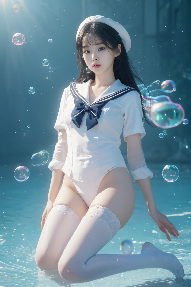 blonde bob-haired nude beautiful Russian girl with squared face and blue round eyes wearing sailor suit on own shoulder, lower-body nude, smiling, pussy, raise own leg up, realistic skin texture, big boob, big clitoris, under the deep sea