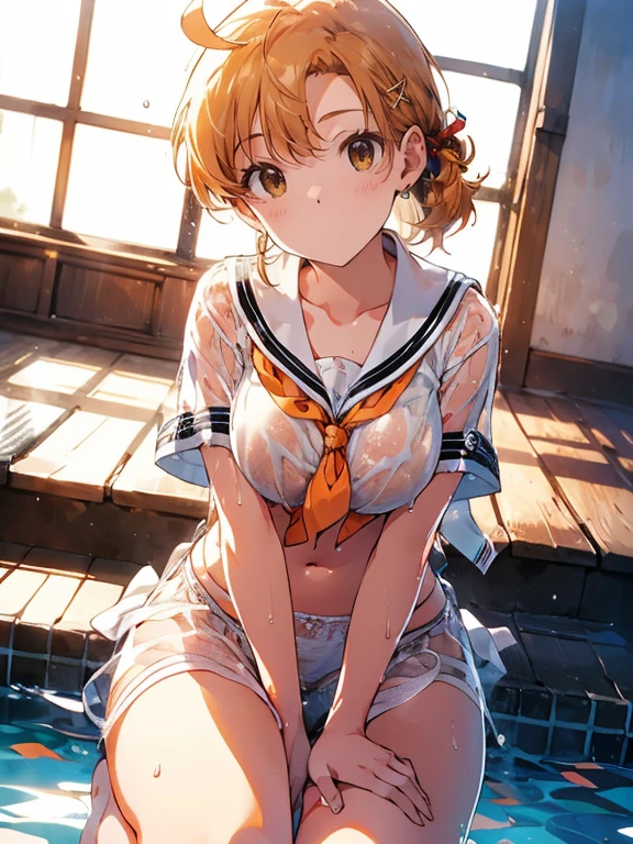 ( best quality,4K, high definition ), beautiful detailed eyes , Beautiful lips down to the last detail ,Damp,Dripping Water,Beautiful wet skin,Body shape ,Attractive physique,Blonde,Perfectly shaped breasts , the top of her tight, wet, and transparent white sailor suit sticks to her body,( I'm not wearing a bra),(The lower half is bare:1.2),( tight, wet, transparent white panties are stuck in my crotch), Water droplets on skin and clothing ,( sensual poses :1.1), Reflects light on wet skin , Clear pool water , Shines by the pool , Relaxed and luxurious atmosphere , Fascinating Beauty , bright color , sexy,(Beautiful orange hair with a bright sheen ),  ponytail, Ahoge,  full body shot, ((Big Breasts)), ( thin waist), (Wide pelvis)，( thick thighs ), (((blush:1.2))),(( embarrassed expression:1.2)),(( crying face :1.1)), ((( angle from the front:1.8))),(((( open legs wide :1.9)))),(Panties are thong ),(((((There are only strings on the side of the panties ))))),((((String-like panties with very little cloth)))),((((Emphasis on the crotch))),(((((I'm sticking out my crotch in a squat:1.2))))),(( hands behind head))