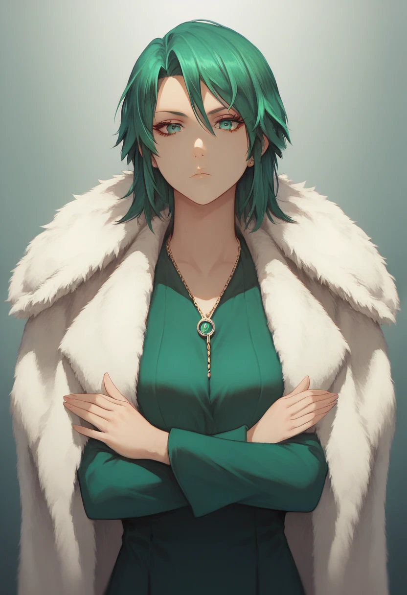 (masterpiece, best quality:1.2), solo, 1girl, fubuki, expressionless, looking at viewer, crossed arms, green hair, taut clothes, fur coat, jewelry, necklace 