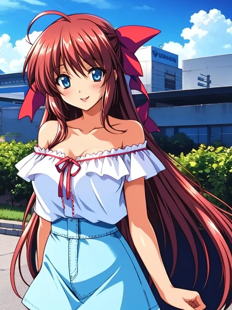 Anime illustration, Kanzaki_Aoi, Alone, One girl, Long Hair, Brown Hair, red hair ribbon, blue eyes, break, (White off-the-shoulder blouse:1.4), (Long denim skirt:1.4), ( beautiful view ), (noon), ((Around town:1.2)), in the center standing、 優しいsmile、(smile, let go of her lips), upper body, cowboy shot,