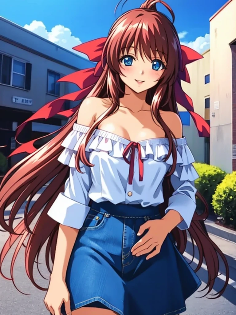 Anime illustration, Kanzaki_Aoi, Alone, One girl, Long Hair, Brown Hair, red hair ribbon, blue eyes, break, (White off-the-shoulder blouse:1.4), (Long denim skirt:1.4), ( beautiful view ), (noon), ((Around town:1.2)), in the center standing、 優しいsmile、(smile, let go of her lips), upper body, cowboy shot,