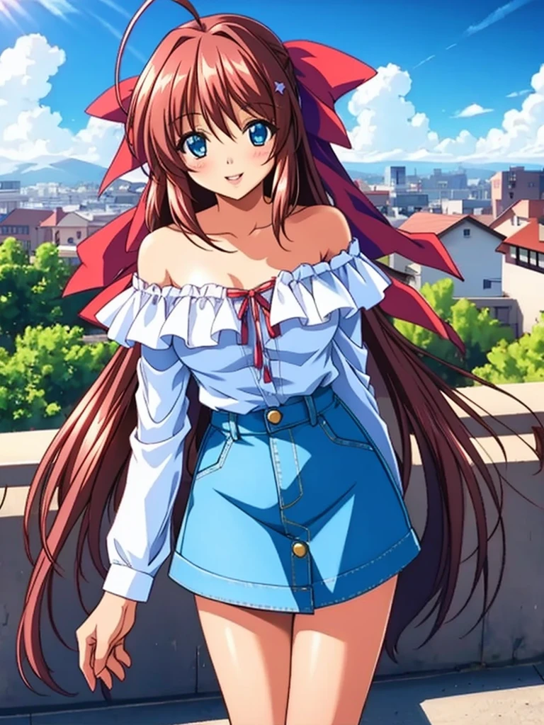 Anime illustration, Kanzaki_Aoi, Alone, One girl, Long Hair, Brown Hair, red hair ribbon, blue eyes, break, (White off-the-shoulder blouse:1.4), (Long denim skirt:1.4), ( beautiful view ), (noon), ((Around town:1.2)), in the center standing、 優しいsmile、(smile, let go of her lips), upper body, cowboy shot,