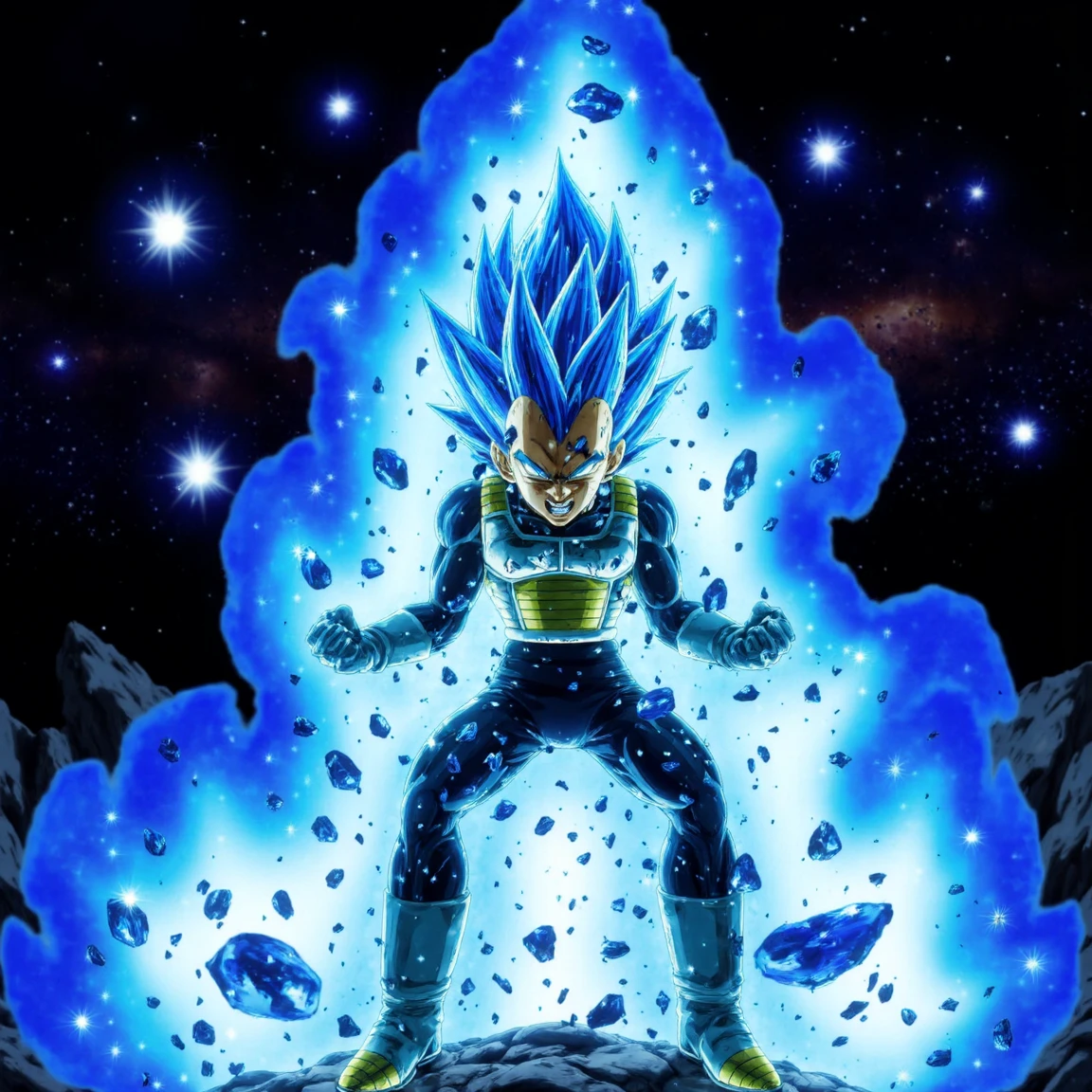 Cinematic, Hyperrealism, High Resolution, Masterpiece, Super Detailed, Backlighting, Silhouette, Reflection Light, 3d, Photorealism, Close-Up, Super Saiyan Blue, Blue Super Saiyan hair with no eyebrows, Blue glowing eyes, sparkling blue aura with glowing floating particles, dynamically performing Final Flash blast, well defined muscles, realistic, dynamic posing, dark cosmic background, yelling with effort