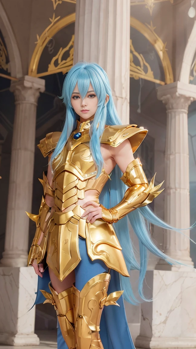 A man full body fighting pose, male details, Degel Aprodithe from Saint Seiya, masterpiece, best quality, highly detailed RAW color photo, sharp focus, 8k high definition, reading glasses, holding a flower energy, long blue hair, turtle neck, male wearing gold shiny armor, light turquoise blue hair, tight-fitting blue undergarment beneath armor, purple eyes, leg armor, shoulder armor, gold armor, reflection on armor, headset, gold headband, sparking armor, white skin-tight transparent vinyl, gentle smile, in an open and well-lit red flower Coliseum with Greek pillars and garden with flowers, Aprodithe Armor, standing straight, sacredness, landscape, bright, facial freckles (0.1), to8contrast style, posing in a bright Coliseum with Greek ice pillars, rim lighting (1.4), two-tone lighting with soft highlights, octane, unreal, well-lit, aura of wisdom.High Details, 