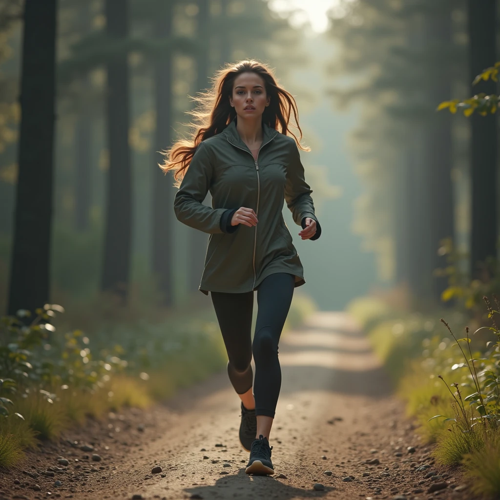 portrait of a beautiful young woman wearing track pants, doing her morning jog through the forest in autumn, brown hair,