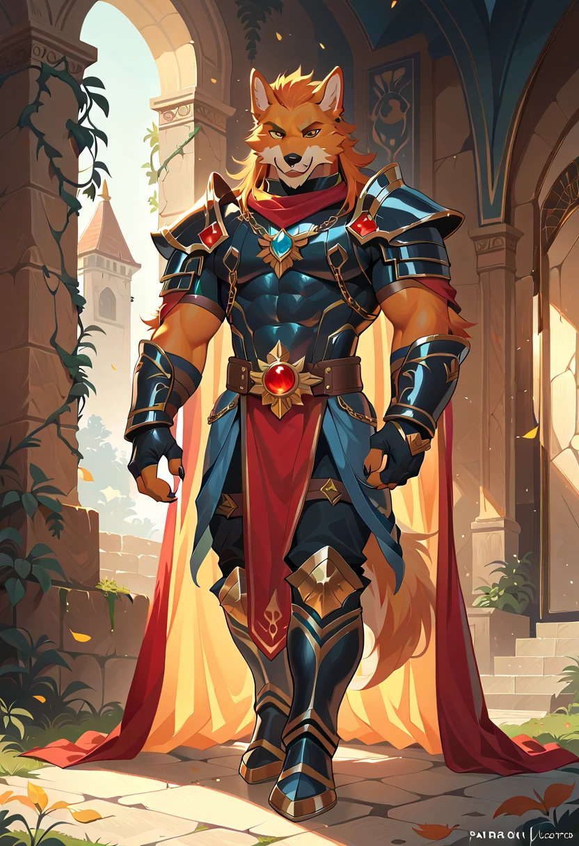 high quality, masterpiece, best detail, full-length, furry wolf male in black armor with golden feathers and leaves, hands shrouded in golden light, summons vines with thorns from the ground