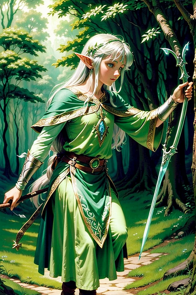 high details, best quality, 8k, [ultra detailed], masterpiece, best quality, (extremely detailed), ultra wide shot, photorealistic, fantasy art, dnd art, rpg art, realistic art, an ultra wide picture of female half elf  (intense details, Masterpiece, best quality: 1.5in druid grove casting a spell, yellow magical light (intense details, Masterpiece, best quality: 1.5), wearing leather armor (intense details, Masterpiece, best quality: 1.5), green cloak (intense details, Masterpiece, best quality: 1.5), wearing high heeled boots, holy symbol, blue light from symbol, dynamic hair, intense eyes, small pointed ears, slightly pointed ears, green eyes, D&D female half elf (intense details, Masterpiece, best quality: 1.5), fantasy druid grove, water fall, rich forest life, rich forest animals, soft sun light, silhouettes, forest trees in the background, celestial background, ((divine worship atmosphere)), high details, best quality, highres, ultra wide angle