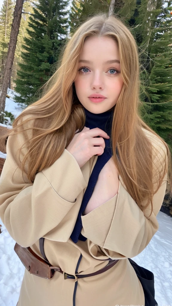 Pretty woman,cute,huge natural breasts, blonde hair curly/flowing, detailed dark BLUE eyes and face, not to skinny, make it ultra-realistic, western european girl, in the snow in the mountains, military uniform (modern military clothing elelments), extremely detailed blue eyes, extremely long wavy blonde hair.