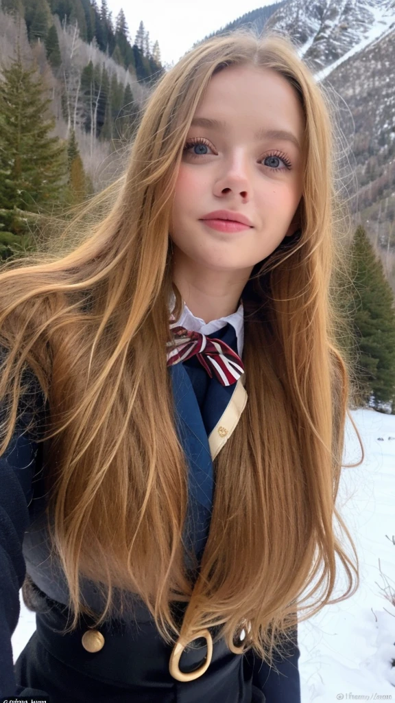 Pretty woman,cute,huge natural breasts, blonde hair curly/flowing, detailed dark BLUE eyes and face, not to skinny, make it ultra-realistic, western european girl, in the snow in the mountains, military uniform (modern military clothing elelments), extremely detailed blue eyes, extremely long wavy blonde hair.