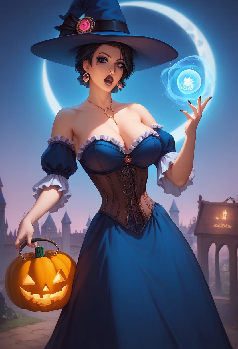 Fubuki, Cast a magic spell,Magic Star, Girl alone,Jade Mono,moonlight,Victorian Steampunk Blue Skirt,Pirate corset,Jade Neck Jewelry,Blue witch hat, short hair ,Cresent Moon Earrings,Evening dress,Pumpkin Village,Witch's Castle,Goth makeup,ghosts, Halloween pumpkin
