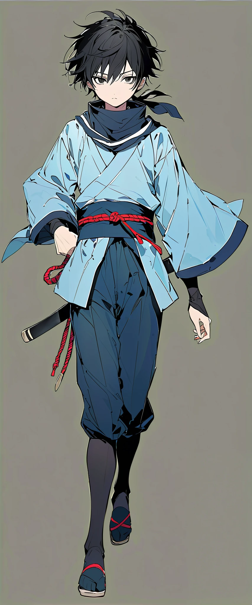 Alone。Ninja in light blue costume from Shinsengumi。 shows the whole body。Young Boy。Black Eyes。Messy long black hair。 no background 。