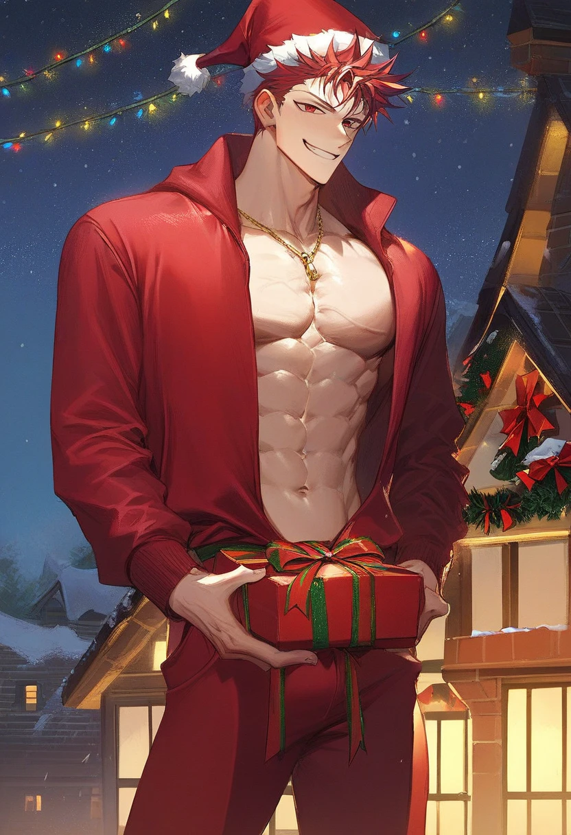 a man in a santa hat laying on a bed, santa, by Pu Hua, by Lü Ji, masculine muscular figure, christmas, muscular masculine figure, santa claus, sexy masculine, muscular man, muscular men, korean artist, manhwa, wearing santa hat, festive, muscular male, sitting on santa, masayoshi suto and artgerm, pan ren wei, ful calidad, 4k, ful HD, calidad de cine, calidad alta