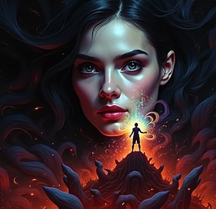 A mixed scene of good and evil depicting a woman who is in the middle and perplex about her emotions, masterpiece, portrait, epic, beautiful lighting, inpsiring, superior aesthetics  <lora:Wiz-VintageComicBookCover_v01:1.5>