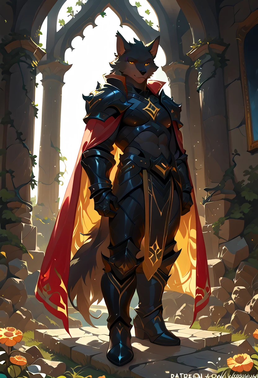 high quality, masterpiece, best detail, full-length, furry black wolf male in black armor with golden feathers and leaves, hands shrouded in golden light, summons vines with thorns from the ground