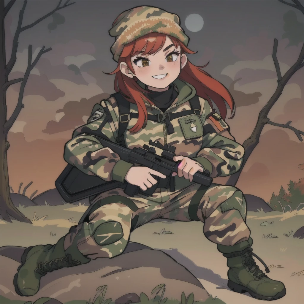 girl with smile and red hair, with a camouflage jacket, tactical glovers, camouflage balaclava, camouflage pants and army boots, forest, autumn,