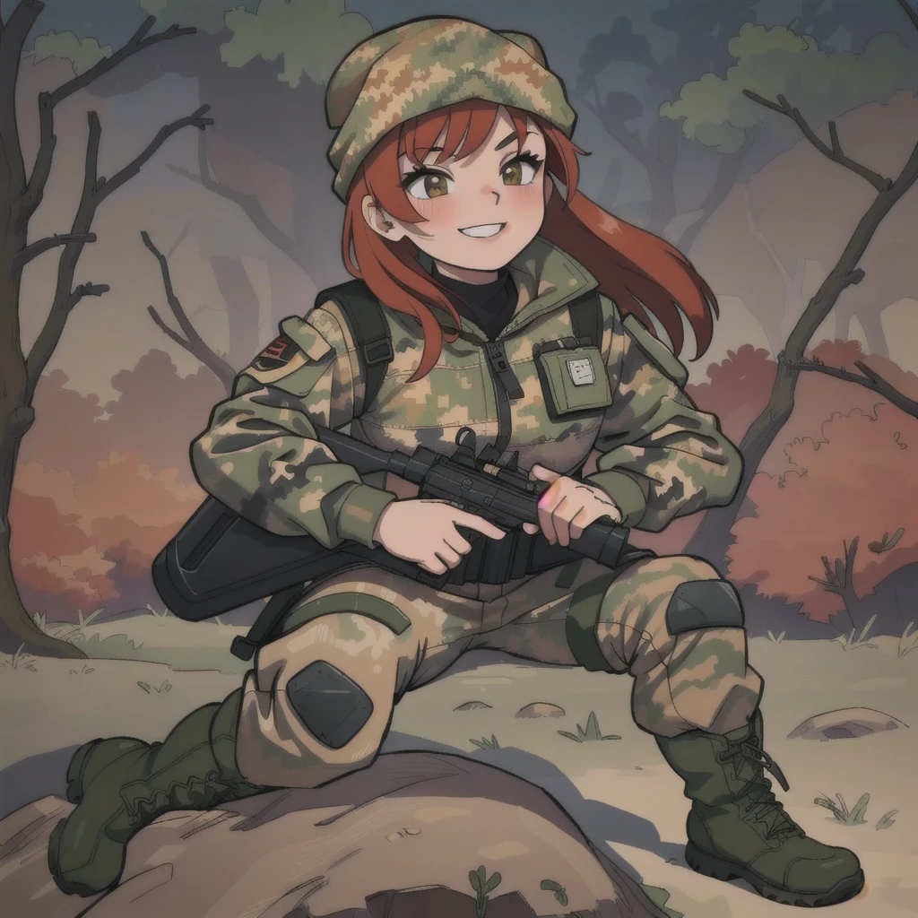 girl with smile and red hair, with a camouflage jacket, tactical glovers, camouflage balaclava, camouflage pants and army boots, forest, autumn,