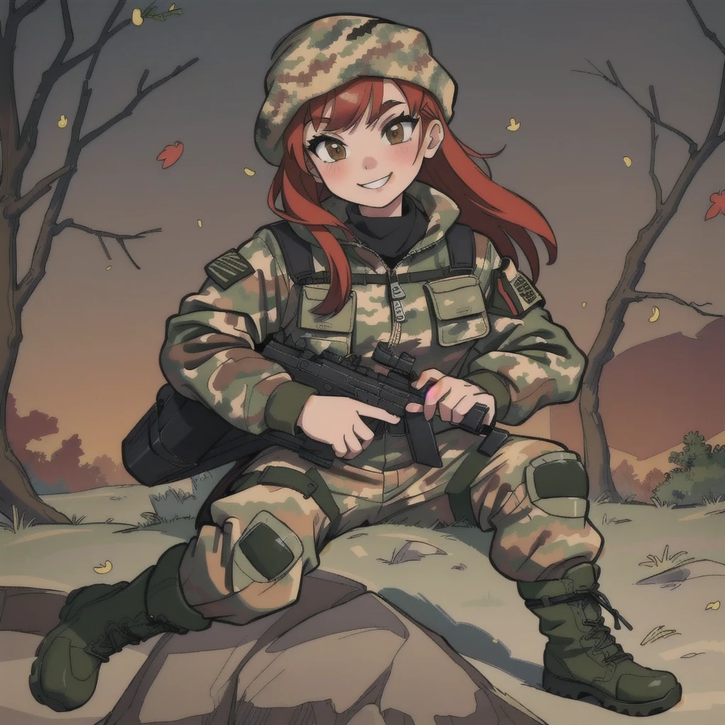 girl with smile and red hair, with a camouflage jacket, tactical glovers, camouflage balaclava, camouflage pants and army boots, forest, autumn,