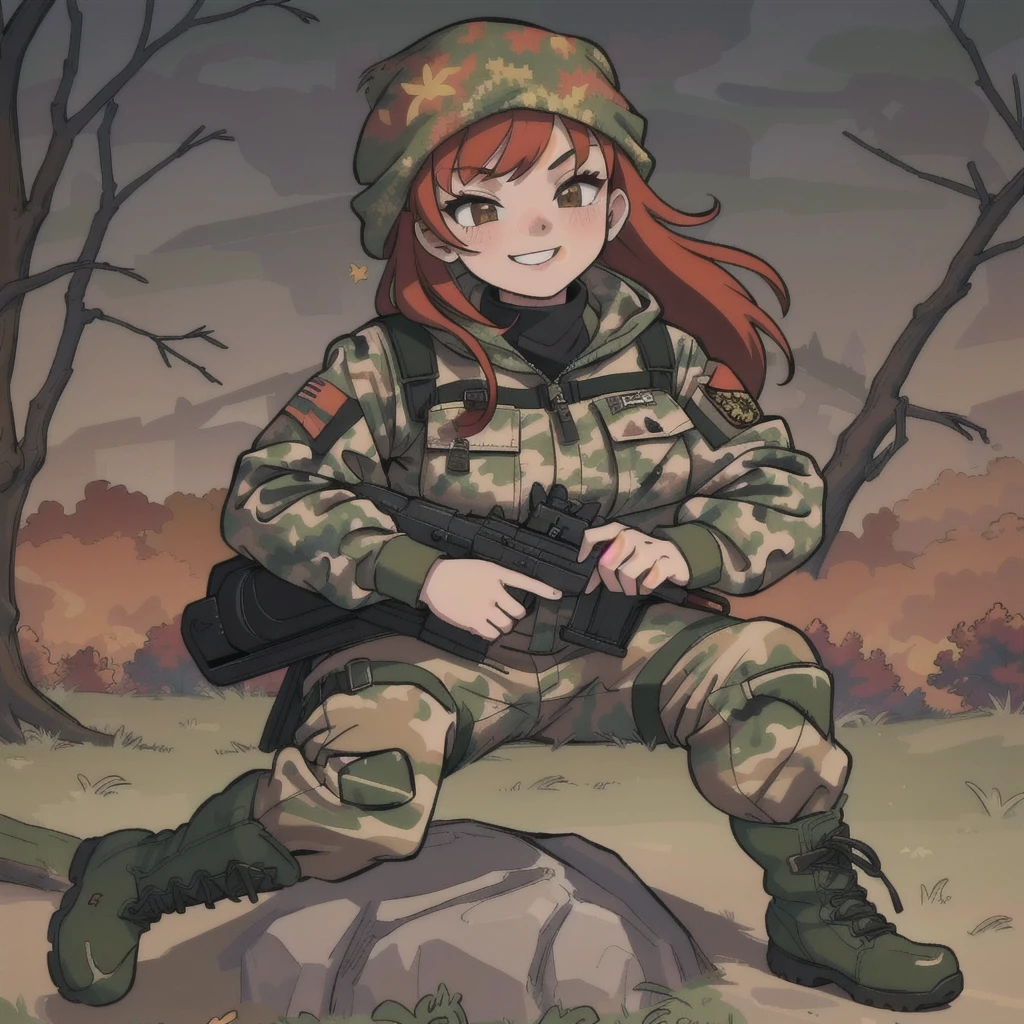 girl with smile and red hair, with a camouflage jacket, tactical glovers, camouflage balaclava, camouflage pants and army boots, forest, autumn,