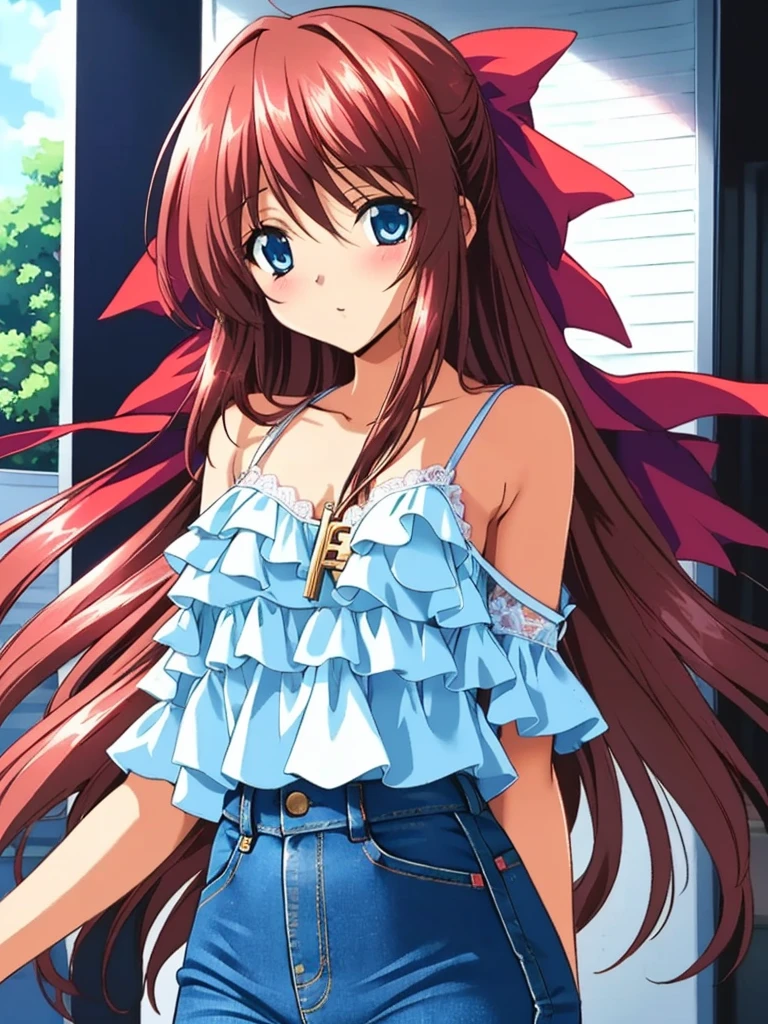 Anime illustration, Kanzaki_Aoi, Alone, One girl, Long Hair, Brown Hair, red hair ribbon, blue eyes, break, (A cool outfit with a sheer blouse and denim pants. The key is to enjoy a layered style by pairing it with a lace camisole as an inner layer.:1.3), upper body, cowboy shot,