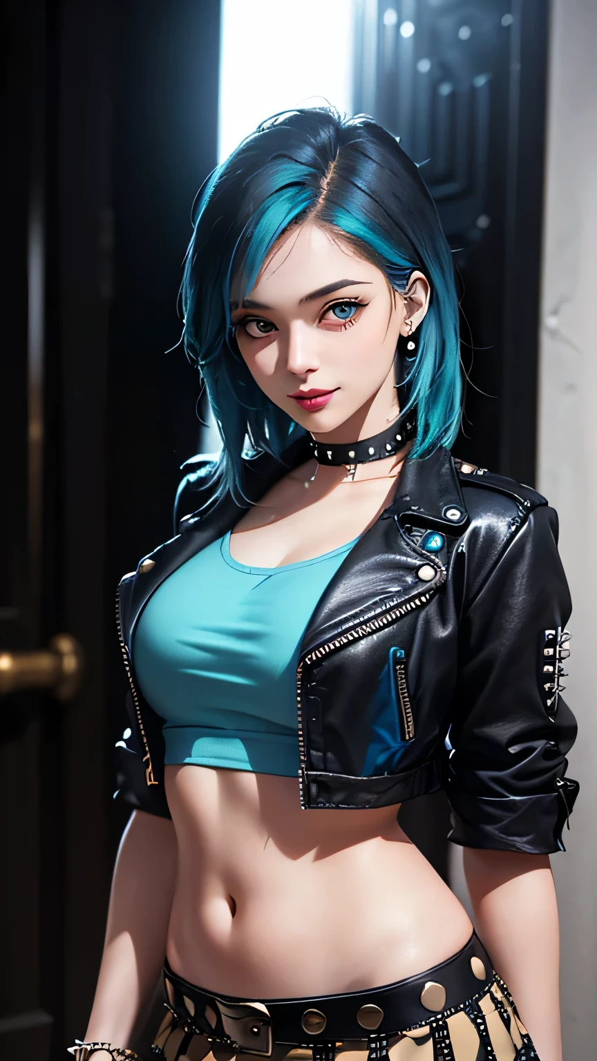 1girl, (long sleeved top, long jeans, iron belt, boots), ((midriff, navel)), looking at viewer, smile, fashion pose, night city, ((cinematic lighting, best quality, masterpiece, anatomically correct, detailed textured skin, high details, best quality, highres, HD, 4K, 8k)), (kujou sara:1.3, mask on head, blue hair, short hair, yellow eyes, gloves)