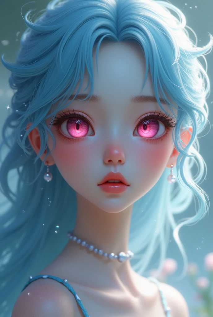 Beautiful girl, light blue hair, pink, red eyes
