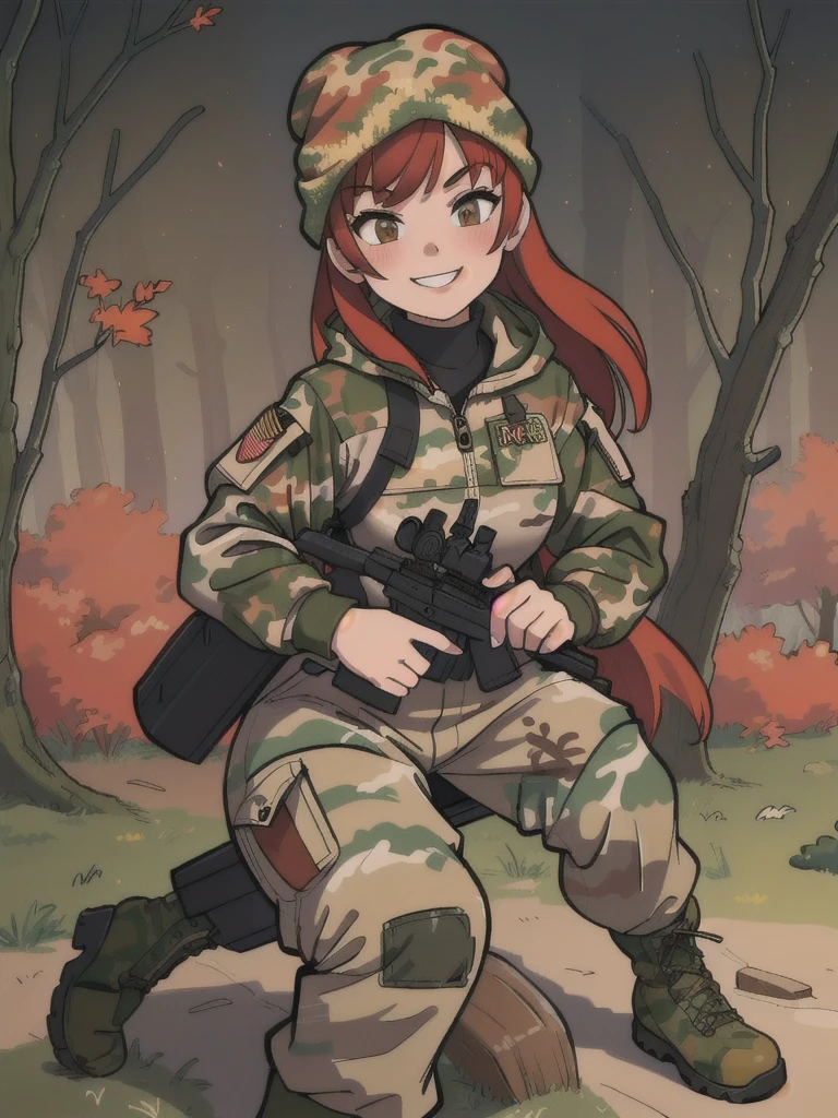 girl with smile and red hair, with a camouflage jacket, tactical glovers, camouflage balaclava, camouflage pants and army boots, forest autumn, 