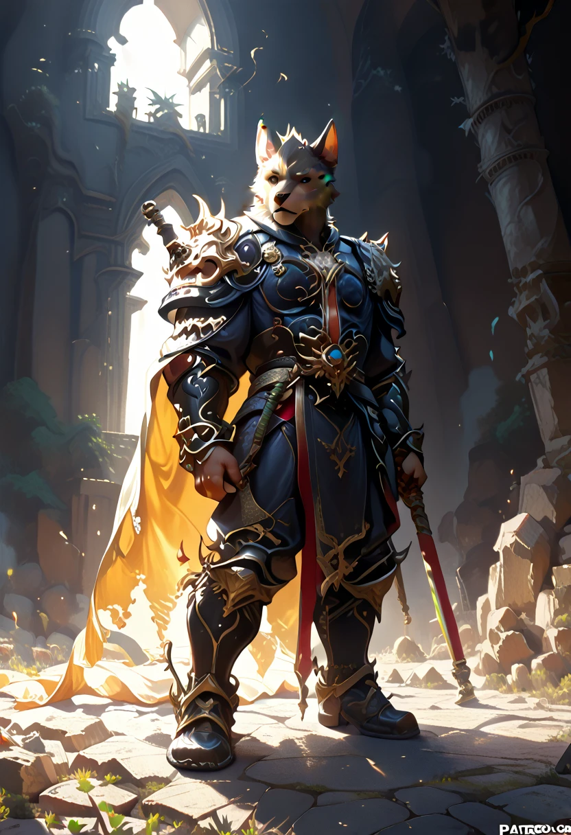 high quality, masterpiece, best detail, full-length, furry black wolf male in black armor with golden feathers and leaves, hands shrouded in golden light, summons vines with thorns from the ground