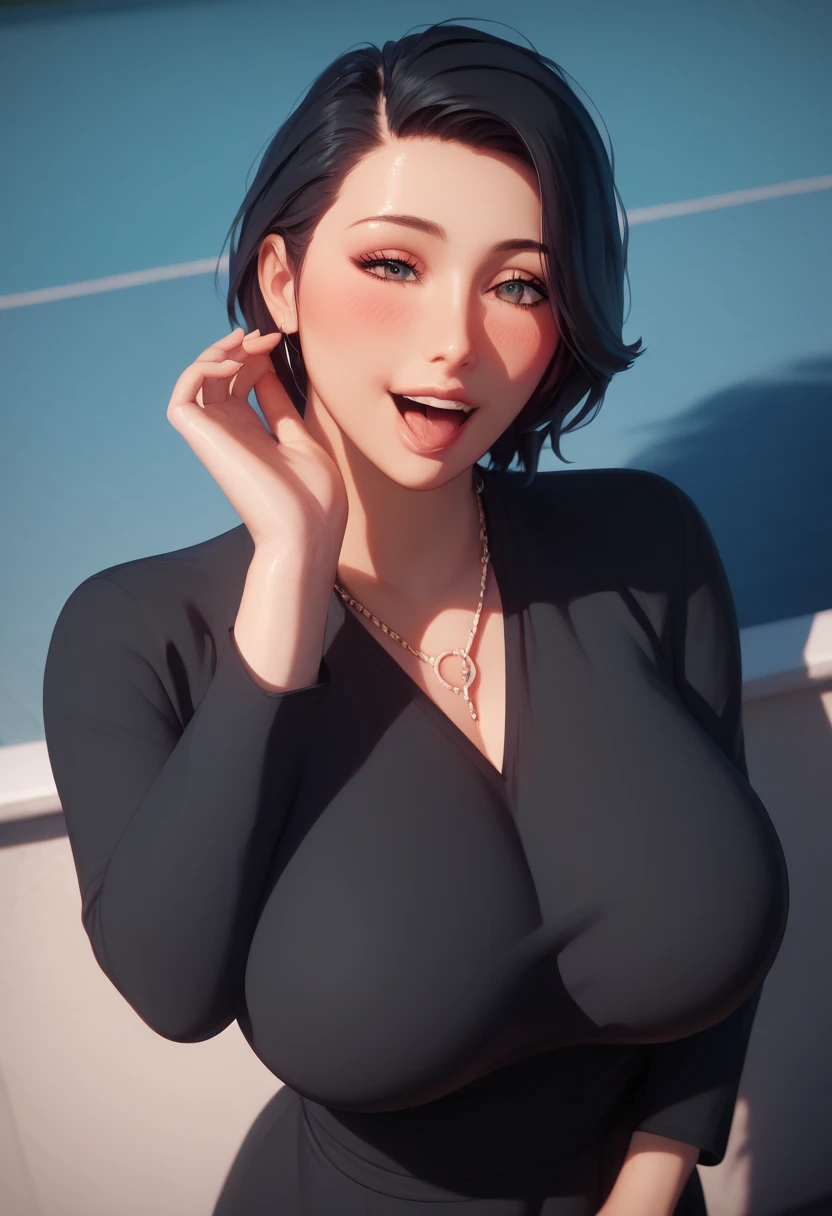 （（super high quality,））（（Ultra-high resolution,））（16k,）（super masterpiece,）（（Ultra HD ,））（Detailed shading,）Looking directly at the camera,Upper body photo,Rooftop with a night view,One sexy woman,Short black hair,Hair lifted by the wind,Very large breasts,A long black dress with a tight collar,Long sleeve,be happy,blush,necklace,Stretch your hands out in front,
