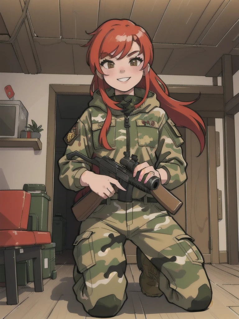 girl with smile and red hair, with a camouflage jacket, tactical glovers, camouflage balaclava, camouflage pants and army boots, forest, in the house 