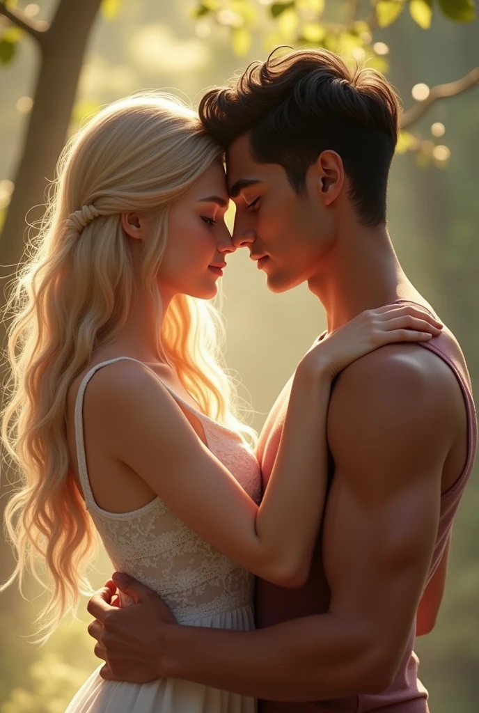 Couple a blonde girl and a strong black-haired boy who is a basketball player