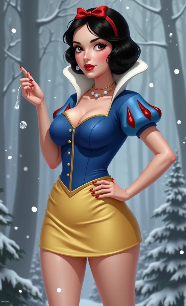 Sexy Snow white, cleavage, stunning, beautiful face, highest quality, 4k, scott j campbell style,