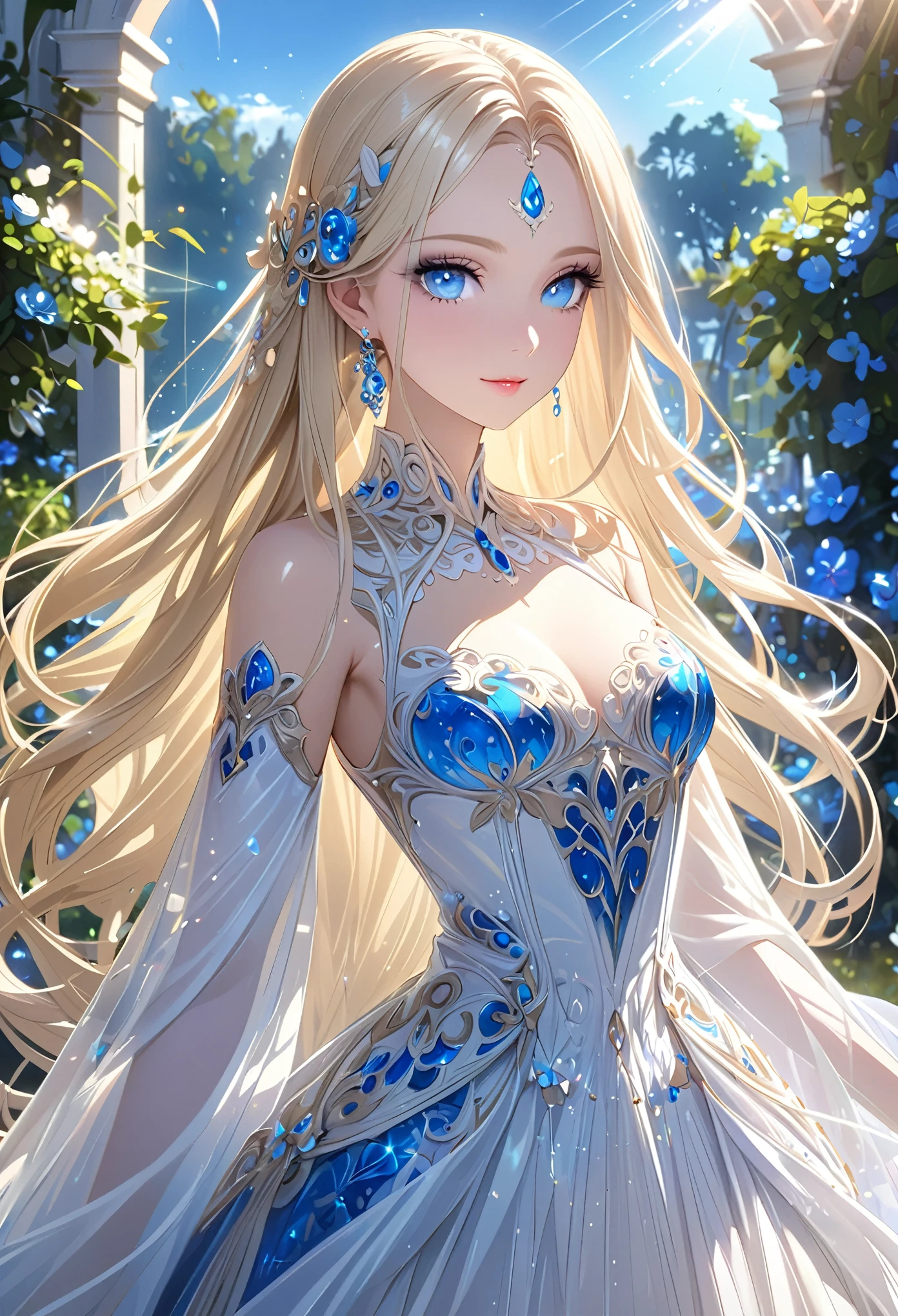 A beautiful white princess with long blonde hair, wearing a flowing blue gown with intricate silver embroidery, stands on a grand palace balcony under the starry night sky. She smiles warmly and waves to the cheering crowd below. The moonlight bathes her in a soft glow, illuminating her golden hair and the silver details of her gown. Behind her, the palace is softly lit, creating a magical ambiance,(((Upper body)))